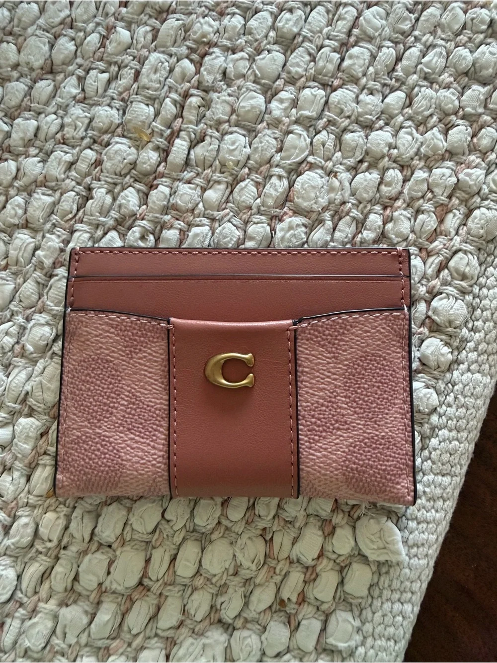 Coach Two-Tone Pink Leather Card Holder with Pebbled Panels